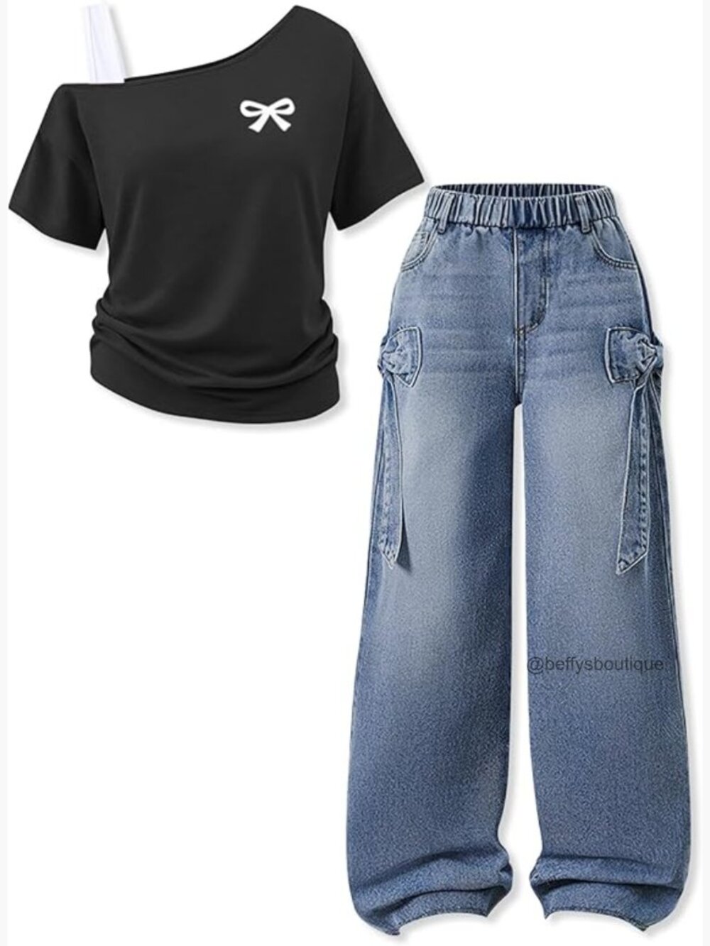 Girls 2 Piece Outfit One Shoulder Top Wide Leg Stretch Jeans Set 7-16